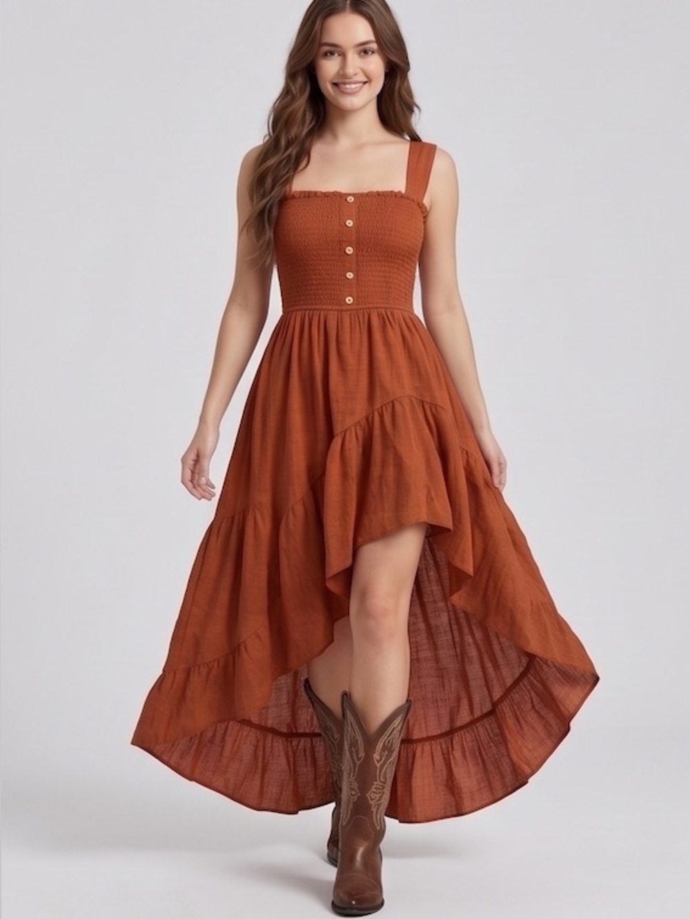 Smocked High-Low Maxi Dress with Buttons Rust - Orange